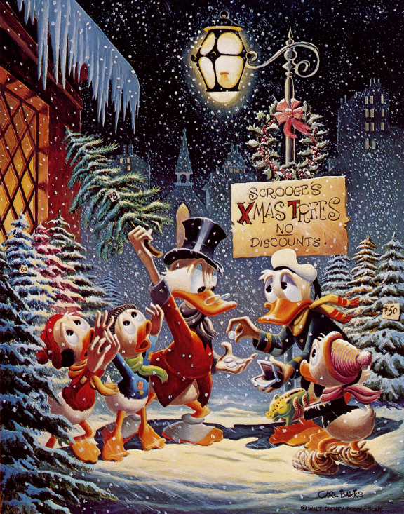 Donald Duck spending his last few coins on a Christmas tree sold by Uncle Scrooge.