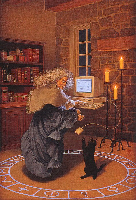 A witch working on her floating computer, while her cat paws at the computer mouse.