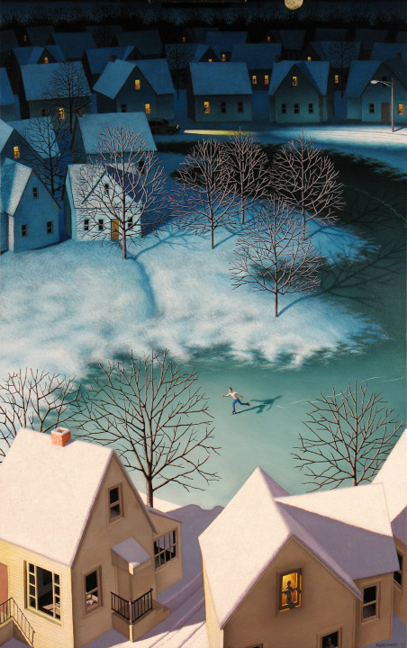 An ice skater on a frozen pond in suburbia.