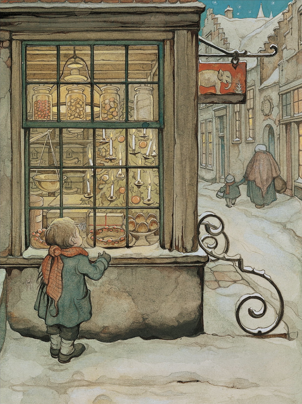 A child window shopping for candy and pastries.