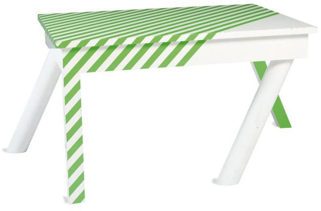 White table with green stripes, the legs are positioned as if it were walking