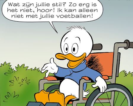 A young duck in a wheelchair.