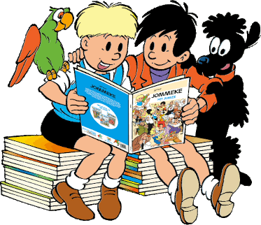 The main characters of Jommeke reading their own comic