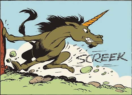 A unicorn changing direction by pushing himself against a rock