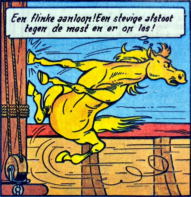 A golden horse changing direction by pushing himself against a rock