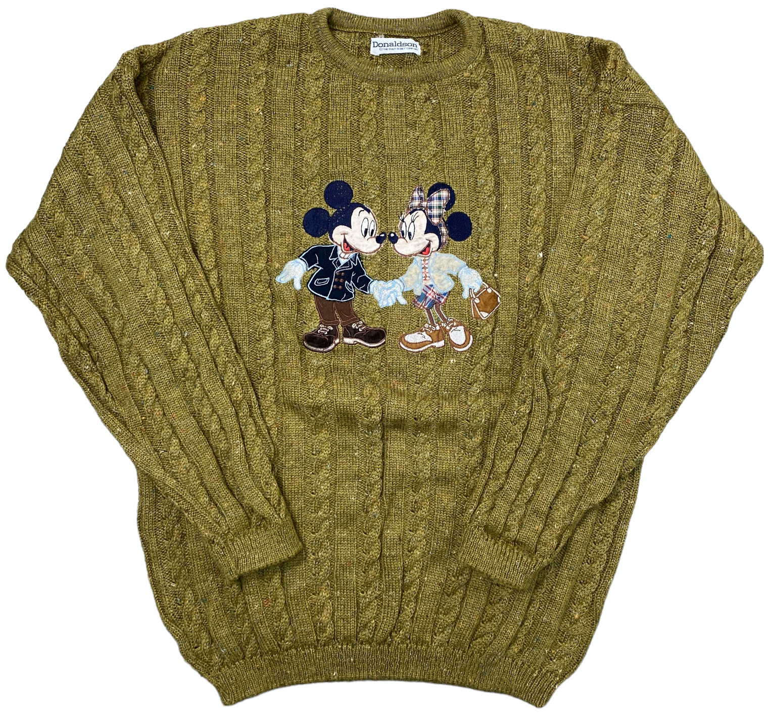 Green knit jumper with an embroidered Mickey and Minnie