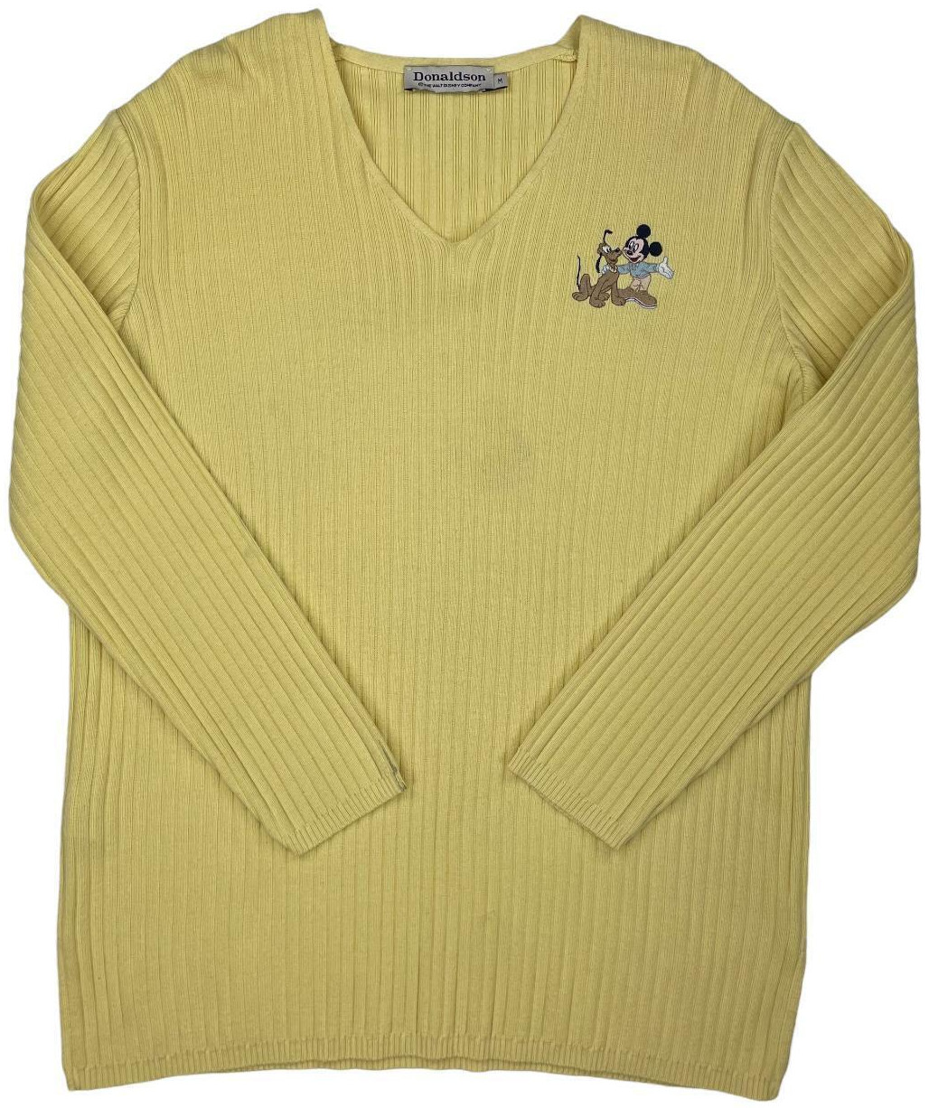 A yellow sweater with an embroidered Mickey and Pluto