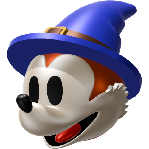 A head of a cartoon cat wearing a wizard hat
