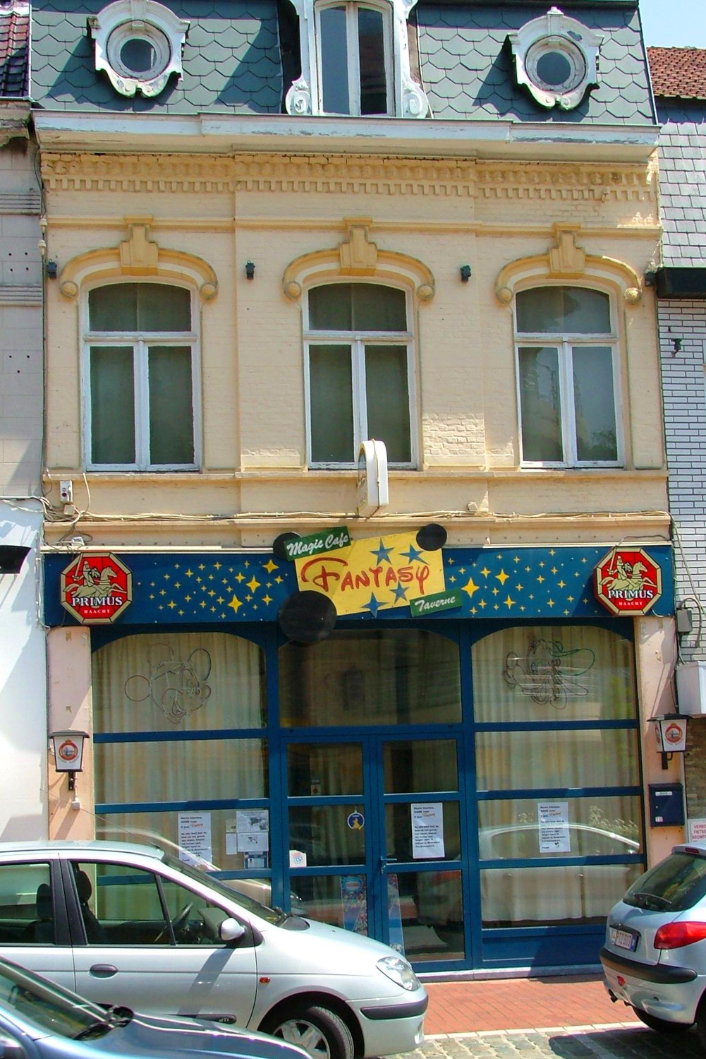 The brightly colored facade of the café