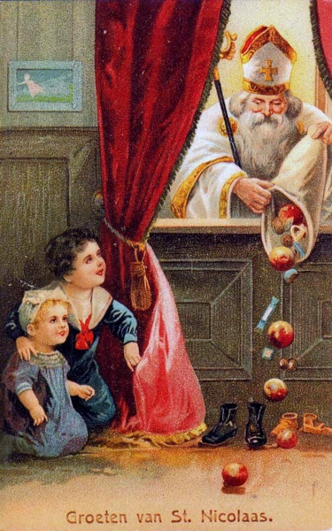 Saint Nick dumping candy and fruits in kids' shoes