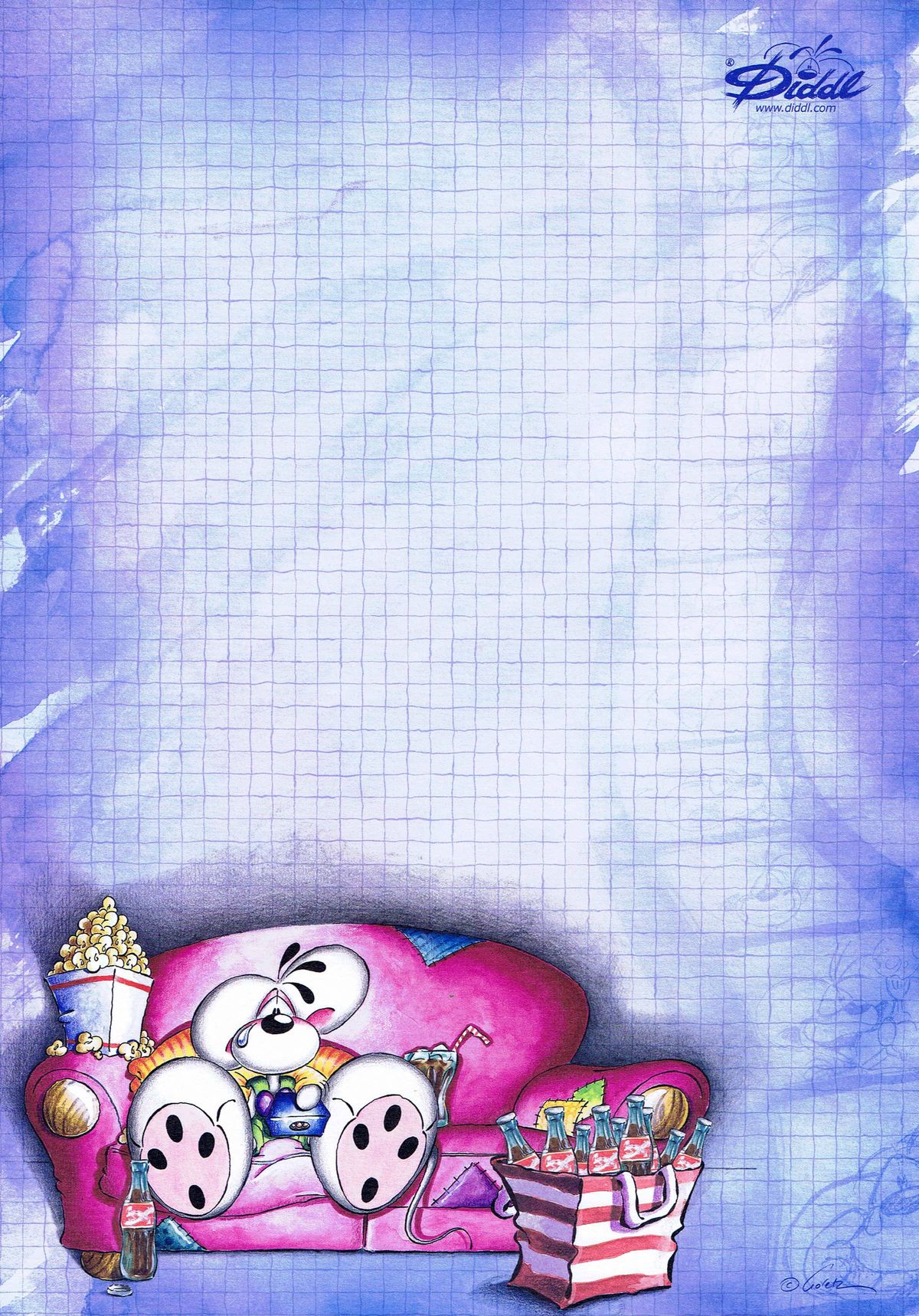 Diddl sheet showing Diddl sitting on a couch with popcorn and coke