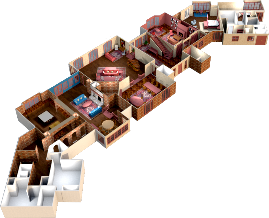 A rendered model of the ground floor of the mansion