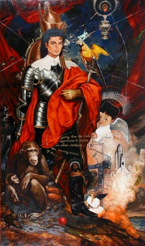 A painting showing Michael Jackson as a knight surrounded by different symbolic figures.