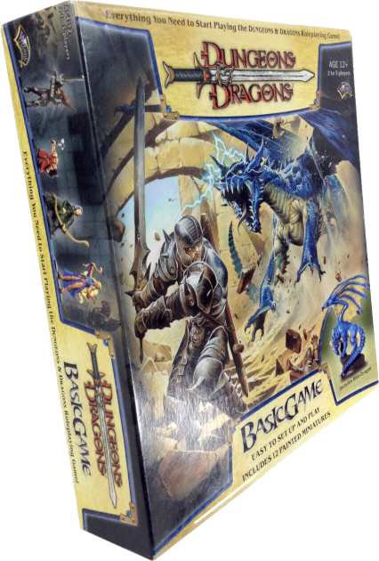 A box showing a knight fighting a blue dragon