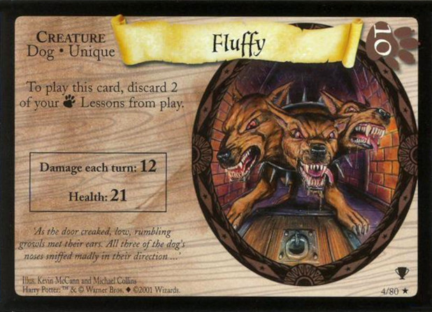 A horizontal card depicting the first book's cerberus.