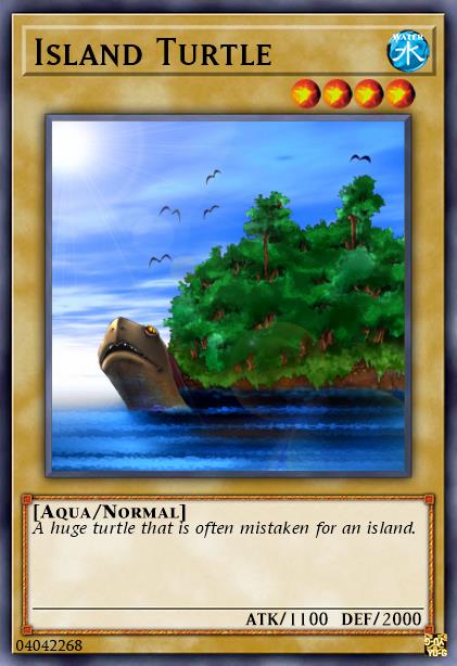 A card depicting a turtle with an island on its back.