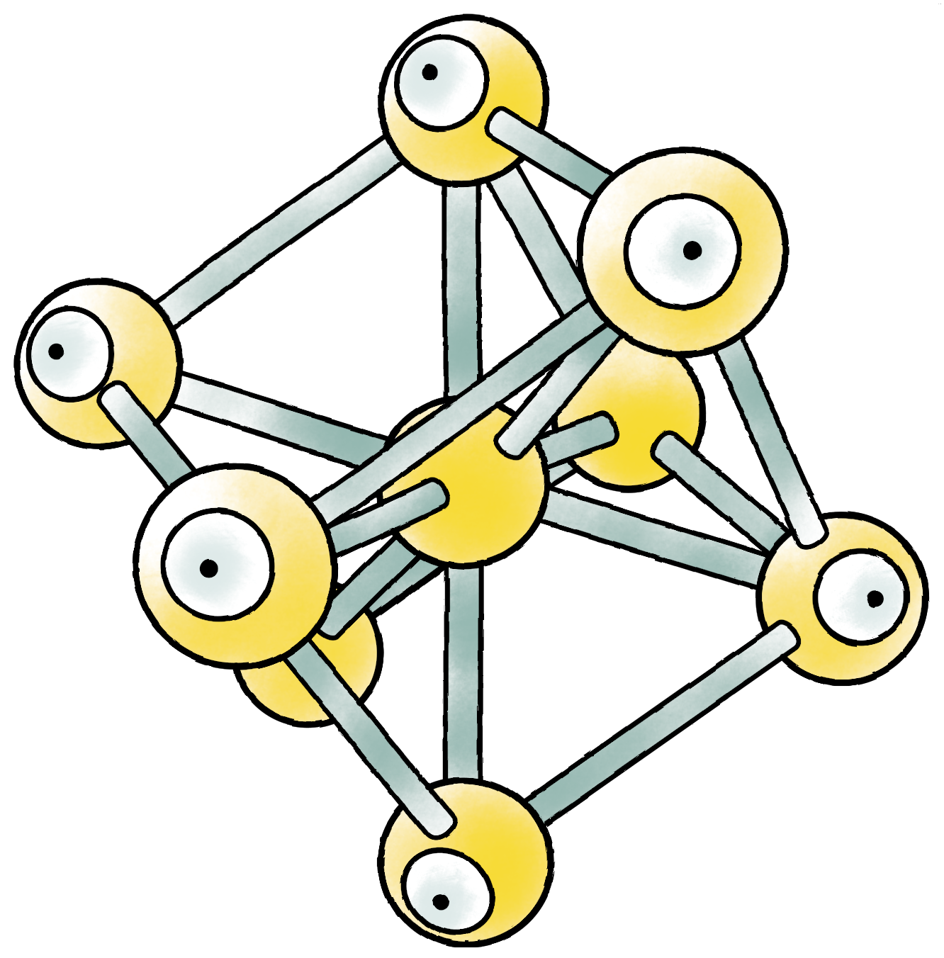 9 golden orbs connected with silver rods