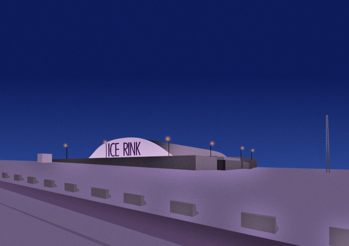 A digital painting of an ice rink