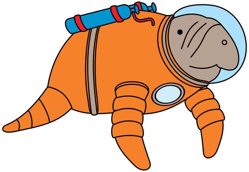 A manatee wearing an orange spacesuit