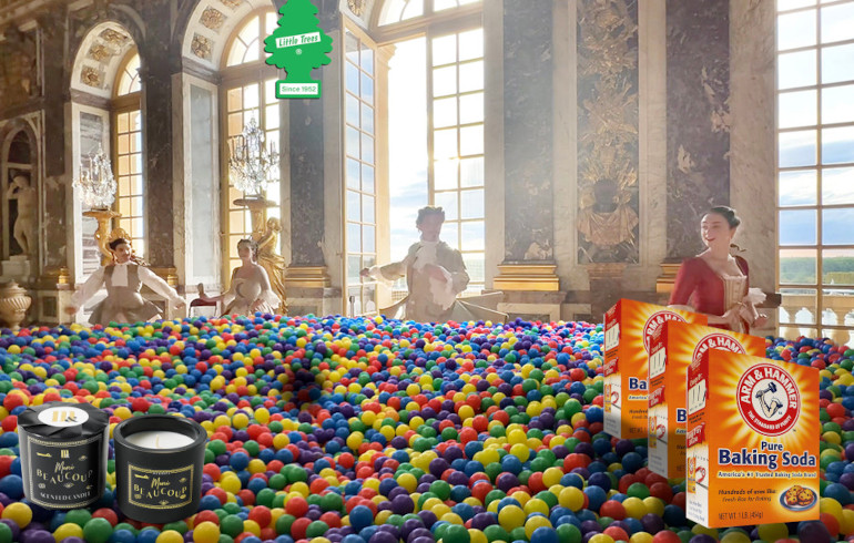 A ballpit dance in a fancy castle, with scented candles and air fresheners