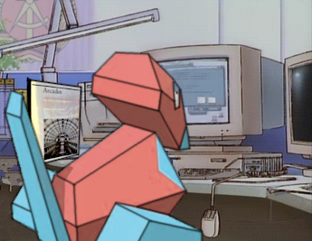 A Porygon at their computer, with a DDR logo and a book about arcades