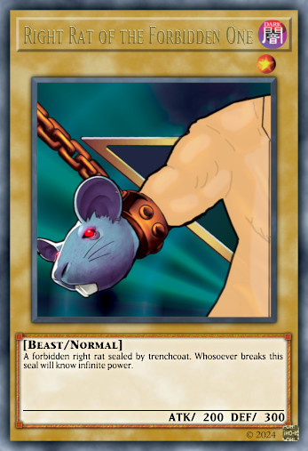 An Exodia card, but with a rat in a trenchcoat