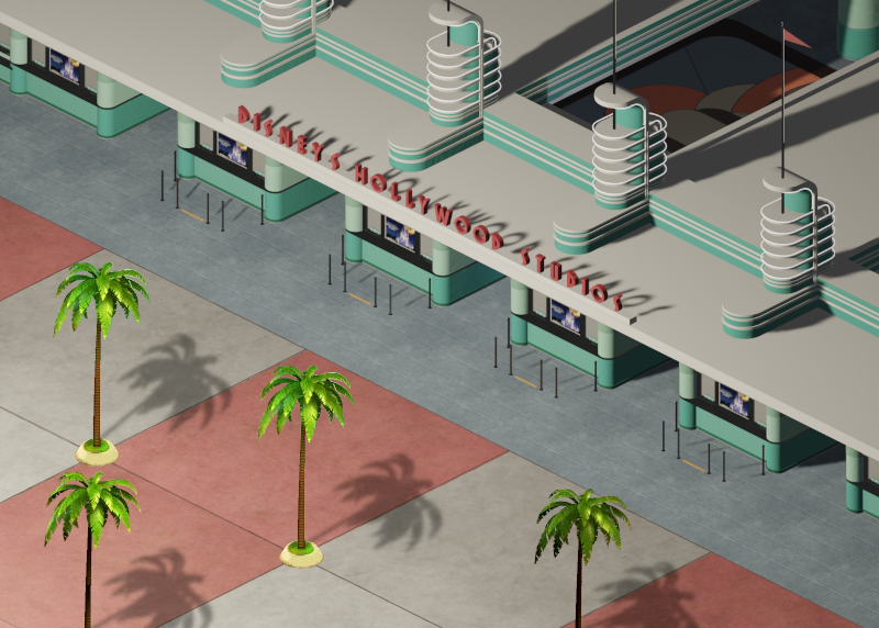 Palm trees line the road towards the beautiful Streamline Moderne entrance building.