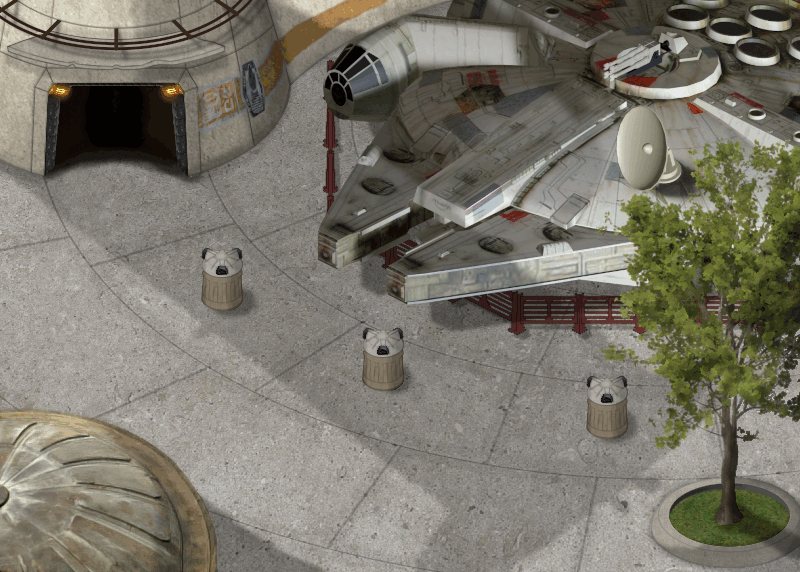 The Millennium Falcon is parked besides the entrance to the Smuggler's Run attraction.